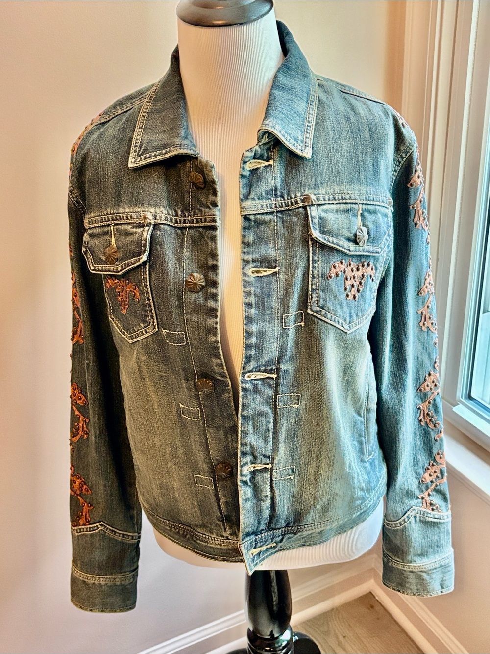 DOUBLE D RANCH Denim Jacket with Leather and Studs Size Small